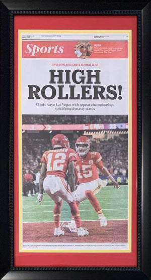 Kansas City Chiefs Super Bowl 58 LVIII Champions Original Front Page KC Star Framed Newspaper With Patrick Mahomes 2/13/24 HIGH ROLLERS-Powers Sports Memorabilia