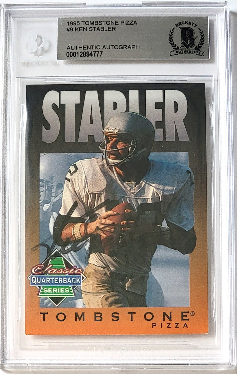 Ken Stabler Autographed Oakland Raiders Encapsulated 1995 Tombstone Pizza #9 Classic Quarterback Series Trading Card Beckett Authenticated-Powers Sports Memorabilia