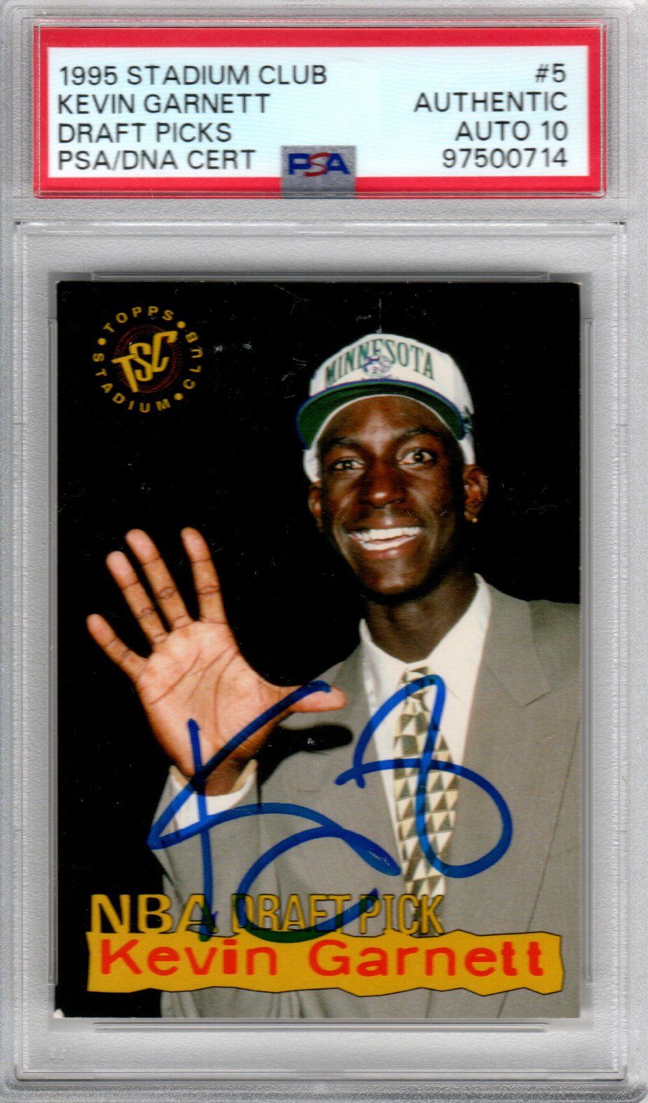 Kevin Garnett Signed 1995 Topps Stadium Club #5 Timberwolves Rookie Card - PSA Auto 10-Powers Sports Memorabilia