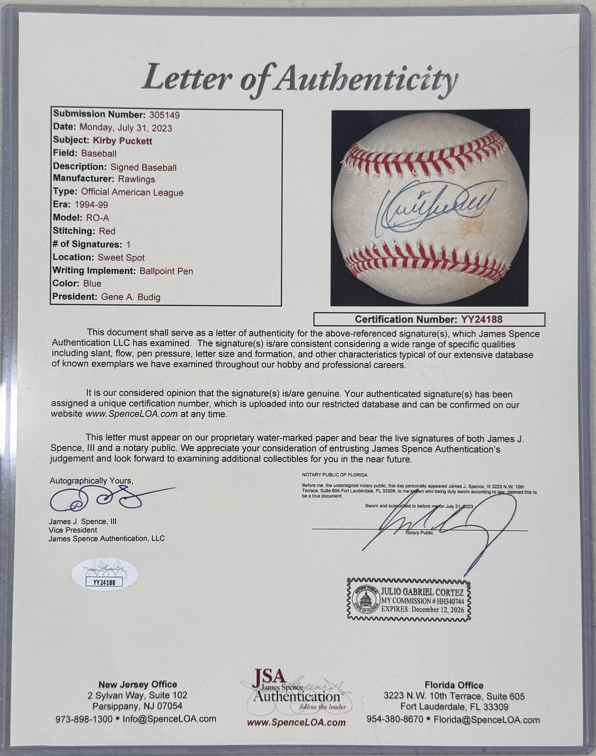 Kirby Puckett Signed Minnesota Twins Baseball JSA YY24188