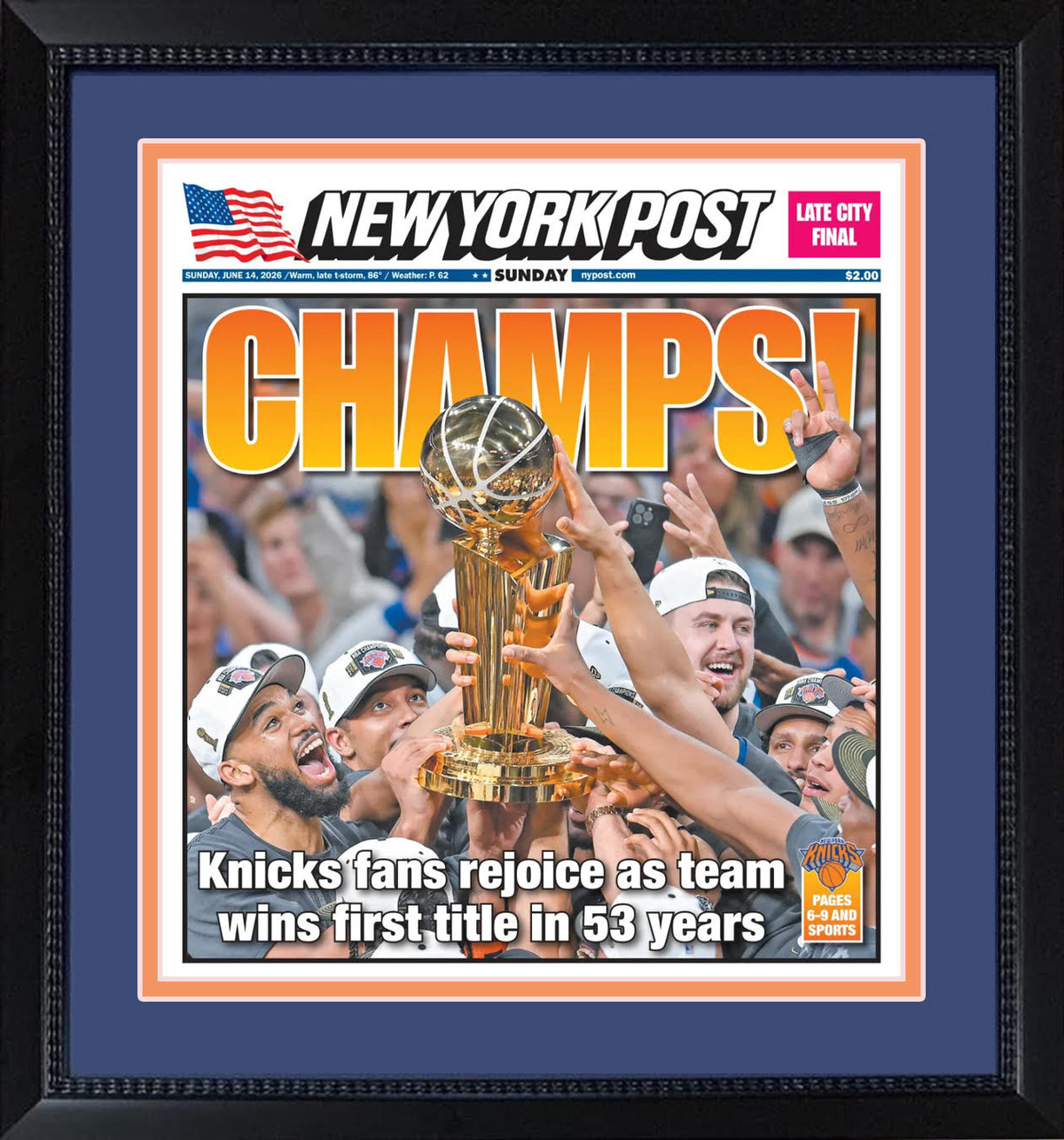 New York Knicks 2026 NBA Champions Post 16x16 Framed Original Newspaper 6/14/26 (ships week of 7/6)