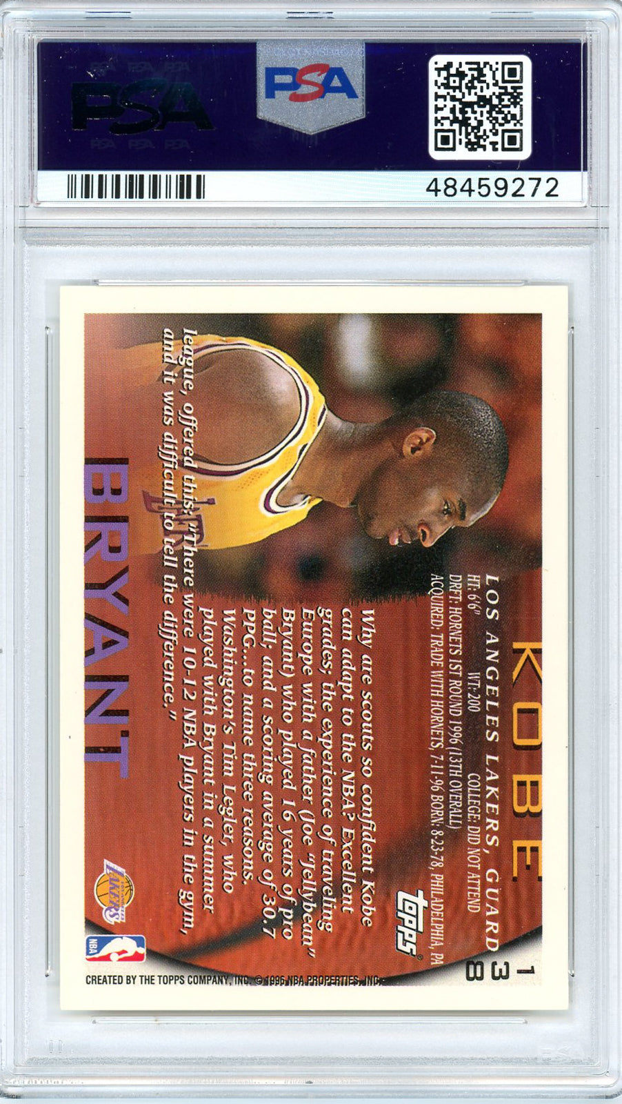 Kobe Bryant 1996 Topps Basketball Rookie Card RC #138 Graded PSA 9 MINT