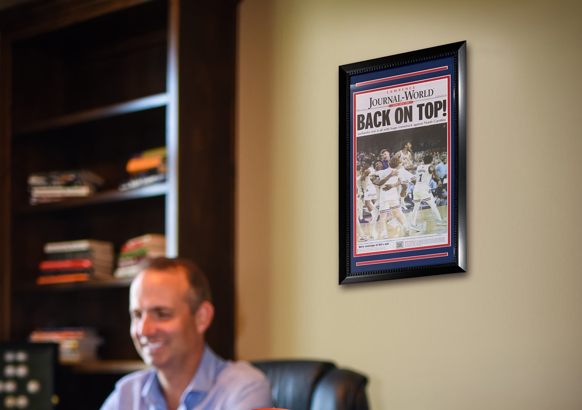 Kansas Jayhawks 2022 NCAA Basketball Champions Lawrence Journal World Original Front Page Framed Newspaper 14x26 GET THE AUTHENTIC VERSION!-Powers Sports Memorabilia