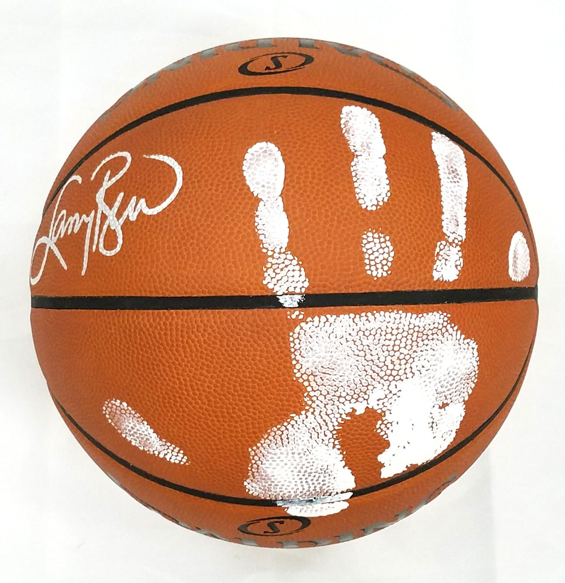 Larry Bird Autographed Boston Celtics NBA Replica Game Basketball With Hand Print in White Beckett Witnessed-Powers Sports Memorabilia