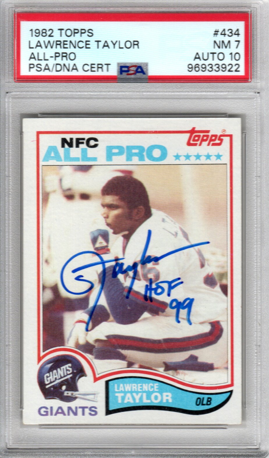 Lawrence Taylor Signed New York Giants 1982 Topps #434 Rookie Card PSA NM 7 AUTO 10-Powers Sports Memorabilia
