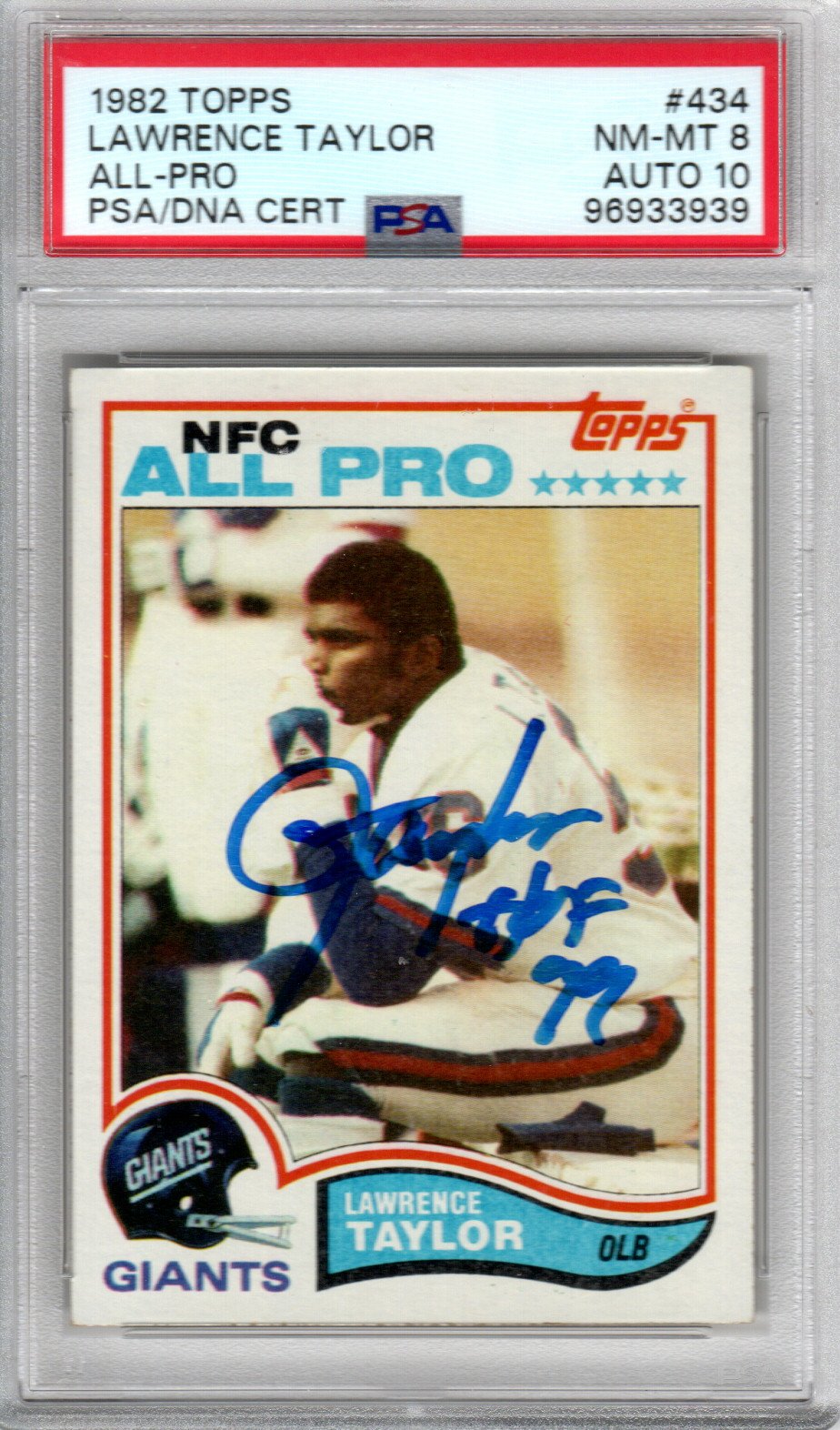 Lawrence Taylor Signed New York Giants 1982 Topps #434 Rookie Card PSA NM-MT 8 AUTO 10-Powers Sports Memorabilia