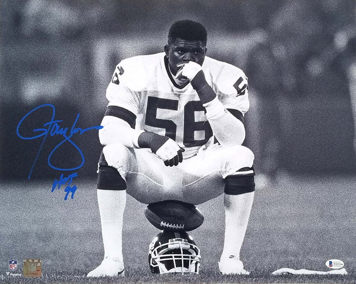 Lawrence Taylor Autographed New York Giants 16x20 Photo W/ HOF 99 Beckett Witnessed Sitting on Helmet-Powers Sports Memorabilia