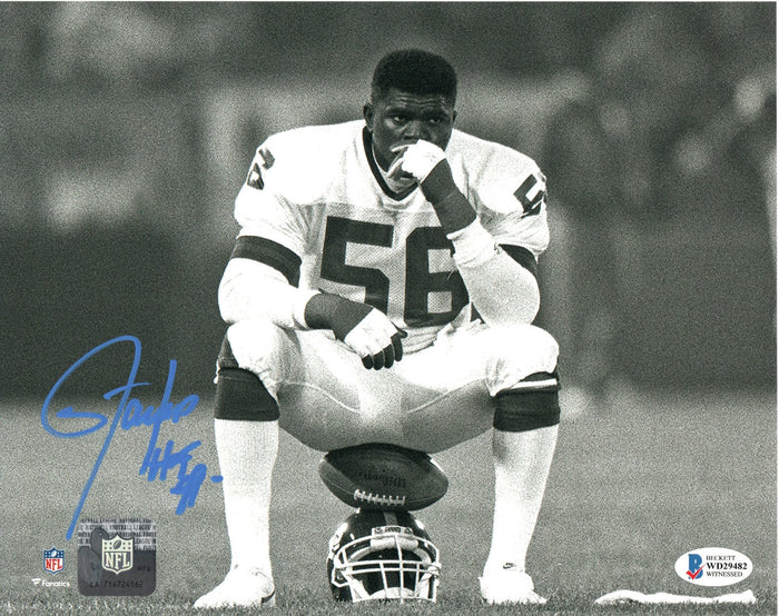 Lawrence Taylor Signed New York Giants 8x10 Photo W/ HOF 99 Beckett Witnessed Sitting on Helmet-Powers Sports Memorabilia