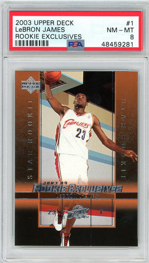 LeBron James 2003 Upper Deck Rookie Exclusives Basketball Card RC #1 Graded PSA 8-Powers Sports Memorabilia