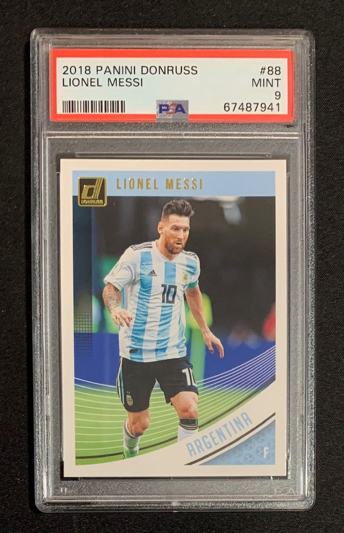 Lionel Messi 2018 Panini Donruss Soccer Card #88 Graded PSA 9-Powers Sports Memorabilia