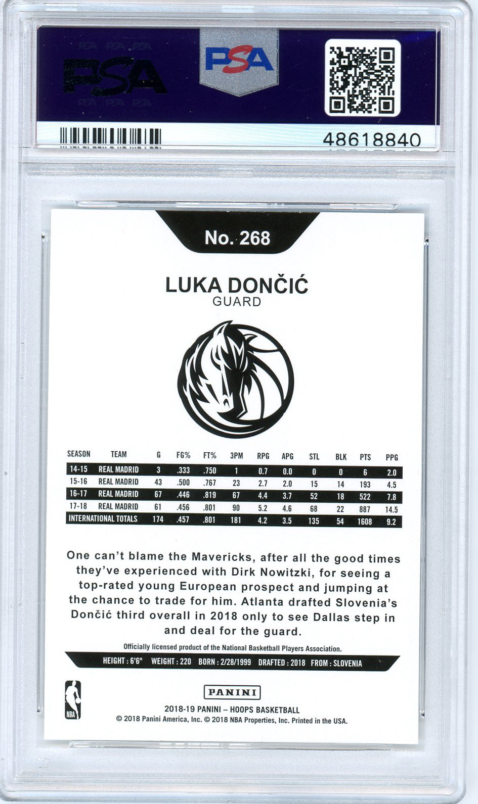 Luka Doncic 2018 Panini Hoops Basketball Rookie Card RC #268 Graded PSA 9 MINT-Powers Sports Memorabilia