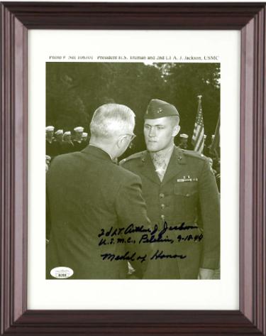 2nd LT. Arthur J. Jackson Autographed WWII 8 x 10 Photograph Custom Framing- JSA- USMC, Peleliu/9-18-44/Medal of Honor with Truman-Powers Sports Memorabilia