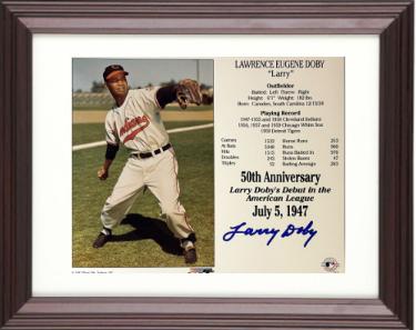 Larry Doby Autographed Cleveland MLB 50th Anniversary Debut in the American League July 5, 1947 8 x 10 Photograph/Card Custom Framing- COA - CTBL_m45072-Powers Sports Memorabilia