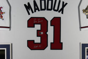 Greg Maddux Autographed Atlanta Braves Signed Majestic Baseball Framed Jersey HOF 14 Beckett Authenticated COA-Powers Sports Memorabilia