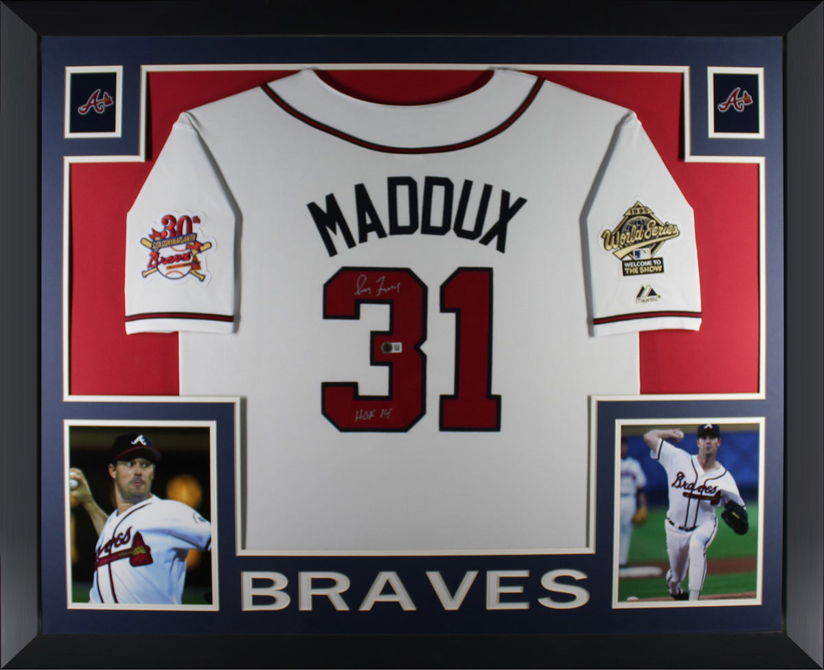 Greg Maddux Autographed Atlanta Braves Signed Majestic Baseball Framed Jersey HOF 14 Beckett Authenticated COA-Powers Sports Memorabilia