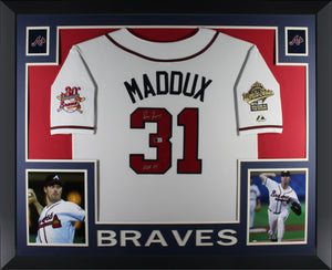 Greg Maddux Autographed Atlanta Braves Signed Majestic Baseball Framed Jersey HOF 14 Beckett Authenticated COA-Powers Sports Memorabilia