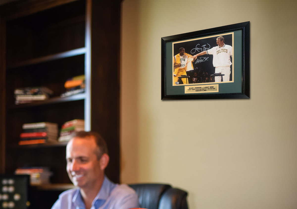 Magic Johnson & Larry Bird Autographed 11x14 Signed Basketball Retirement Framed Photo Beckett COA-Powers Sports Memorabilia