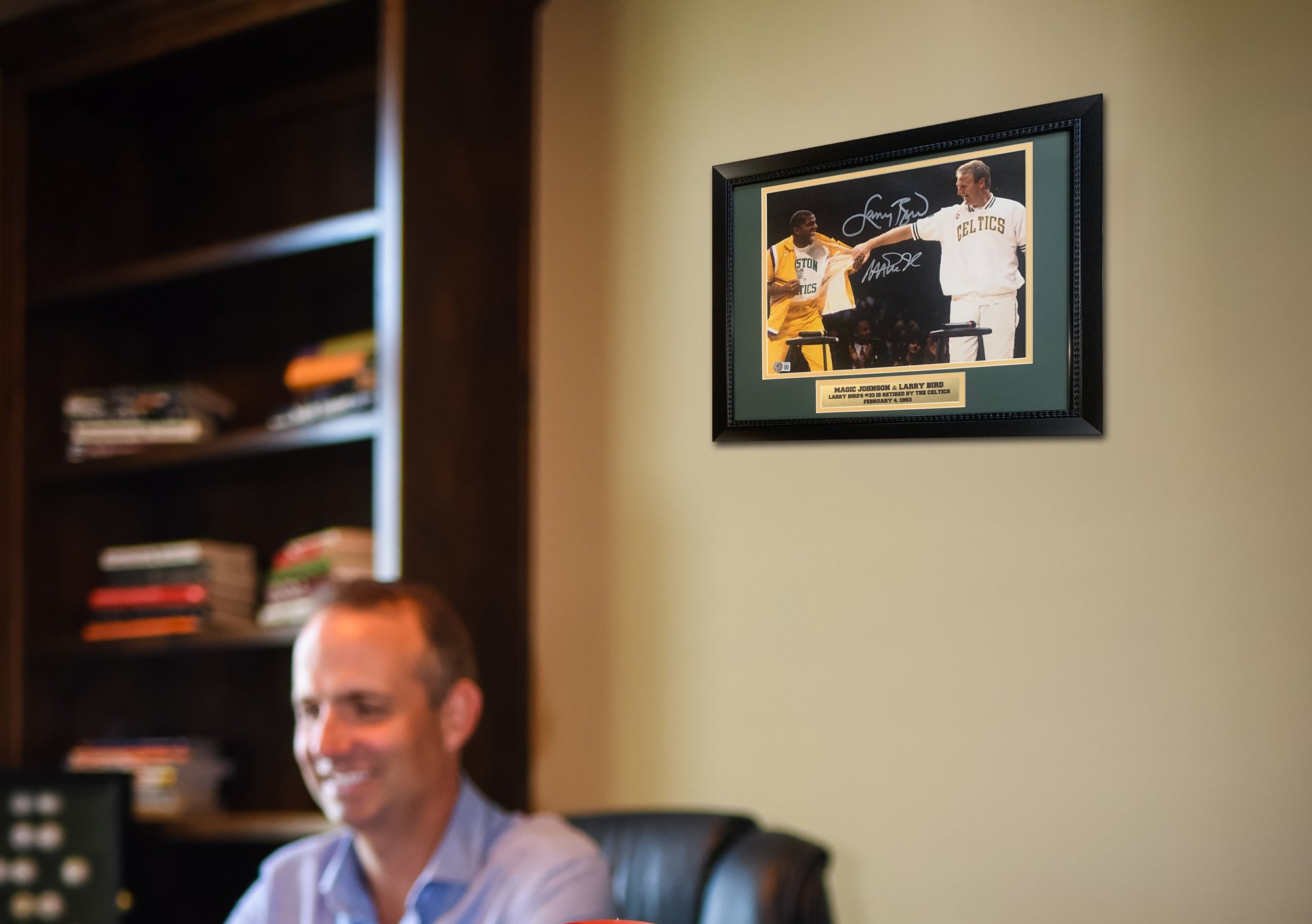Magic Johnson & Larry Bird Autographed 11x14 Signed Basketball Retirement Framed Photo Beckett COA-Powers Sports Memorabilia