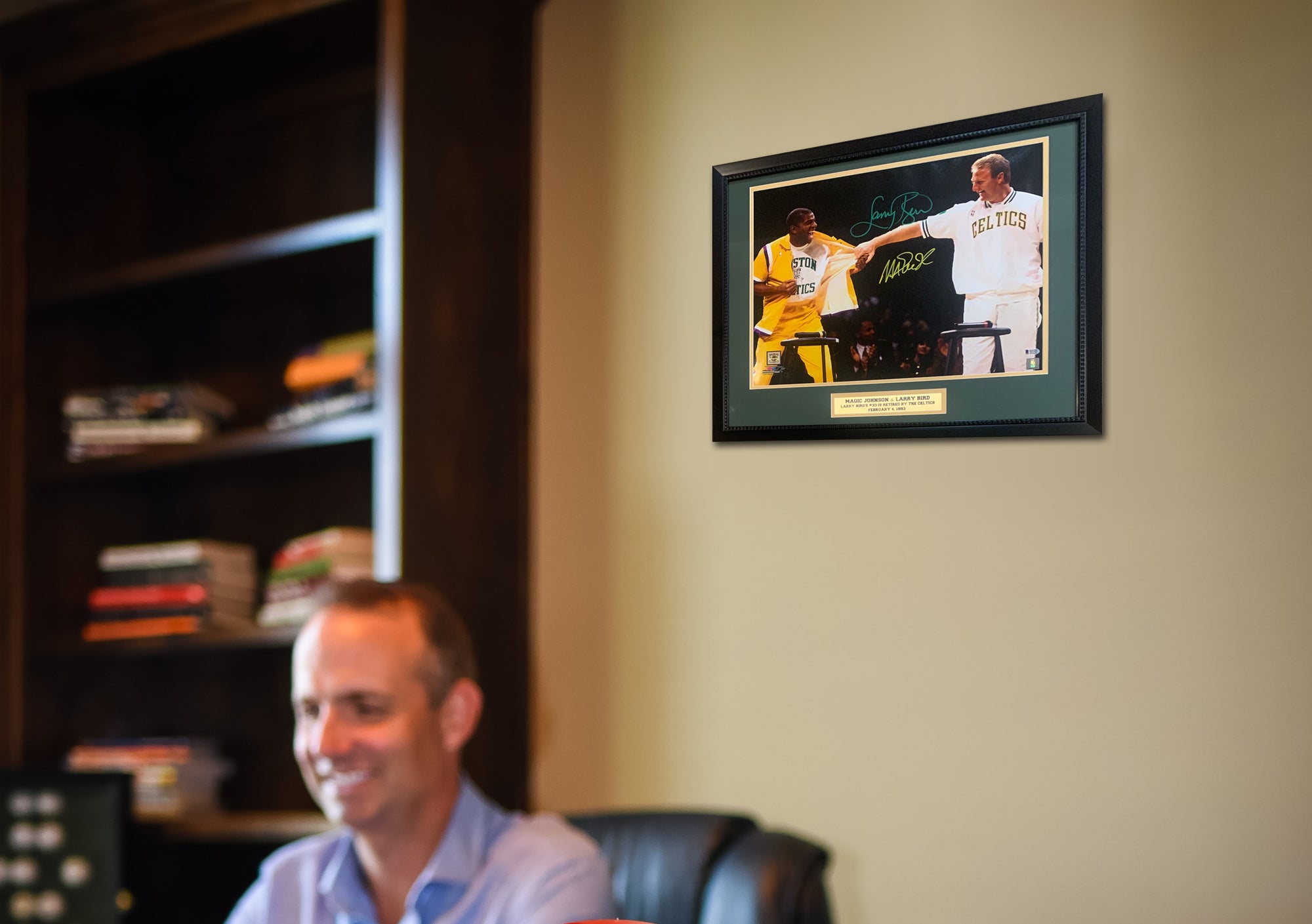 Magic Johnson & Larry Bird Autographed 16x20 Signed Basketball Retirement Framed Photo Beckett COA-Powers Sports Memorabilia