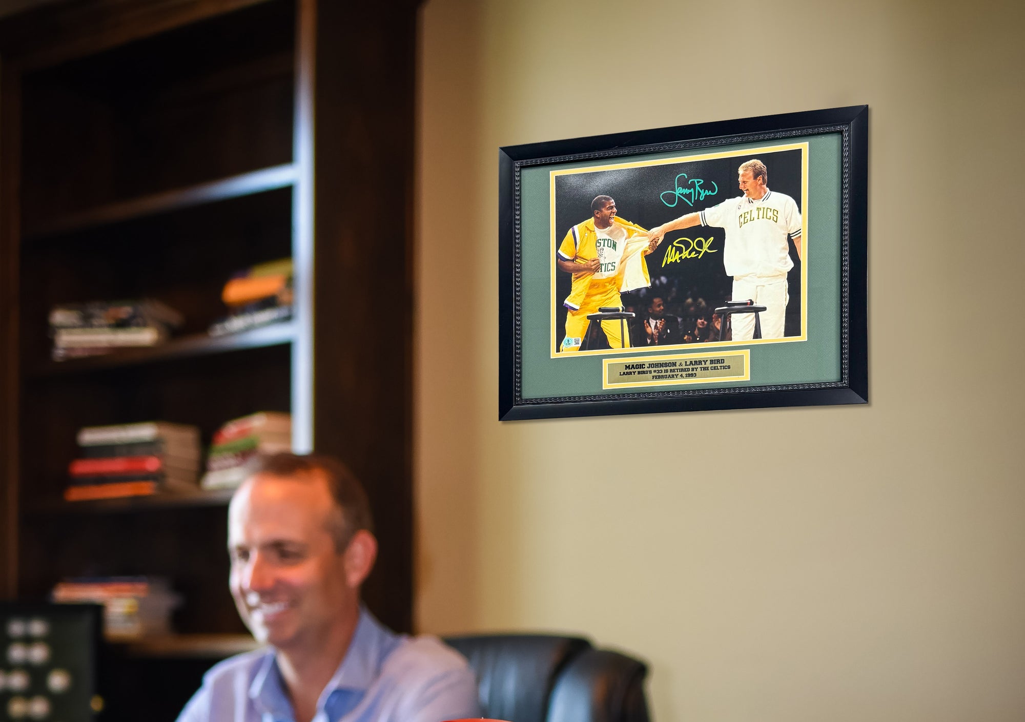 Magic Johnson & Larry Autographed Signed Basketball Retirement Framed 11x14 Photo Beckett COA-Powers Sports Memorabilia