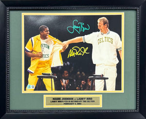 Magic Johnson & Larry Autographed Signed Basketball Retirement Framed 11x14 Photo Beckett COA-Powers Sports Memorabilia