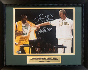 Magic Johnson & Larry Bird Autographed 11x14 Signed Basketball Retirement Framed Photo Beckett COA-Powers Sports Memorabilia