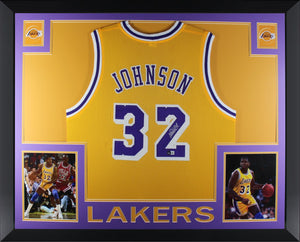 Magic Johnson Autographed Los Angeles Pro Style Gold Signed Basketball Framed Jersey Beckett COA-Powers Sports Memorabilia