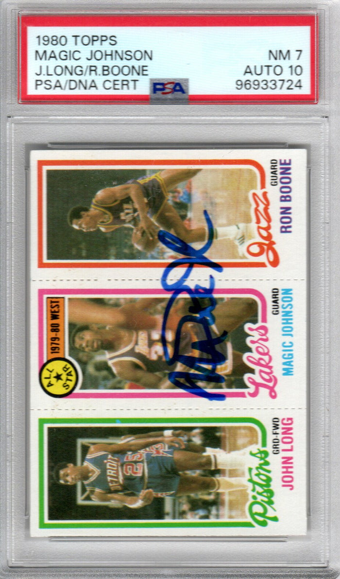 Magic Johnson Signed 1980 Topps Lakers Rookie Card - PSA NM-7 Auto 10-Powers Sports Memorabilia