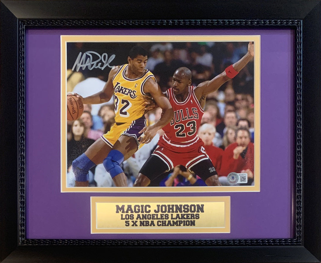 Magic Johnson Autographed Los Angeles Lakers Signed Basketball 8x10 Framed Photo vs Michael Jordan Beckett COA-Powers Sports Memorabilia