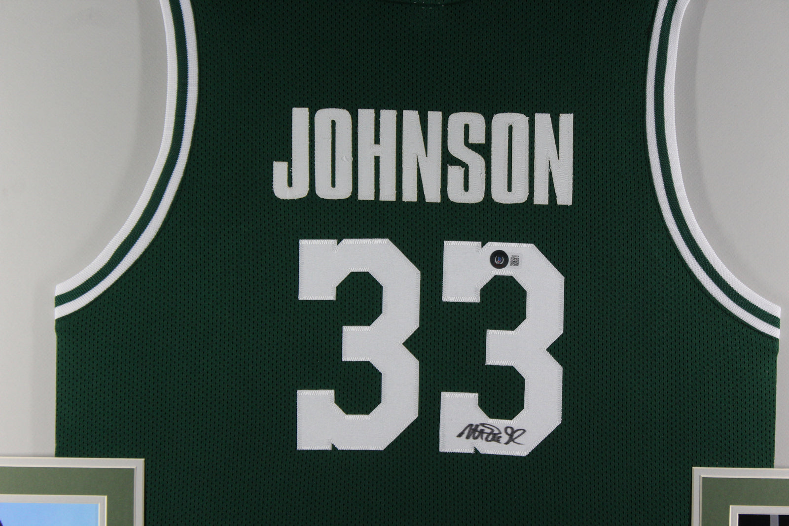 Magic Johnson Autographed College Style Green Signed Basketball Framed Jersey Beckett COA-Powers Sports Memorabilia