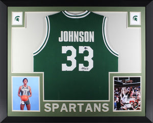 Magic Johnson Autographed College Style Green Signed Basketball Framed Jersey Beckett COA-Powers Sports Memorabilia