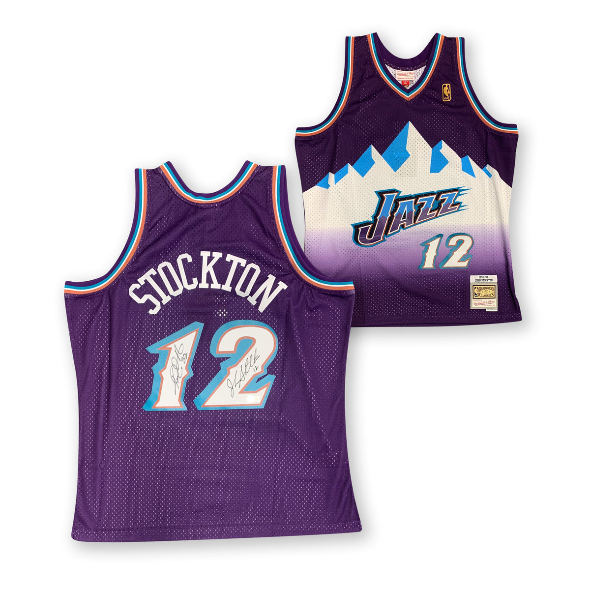 John Stockton and Karl Malone Autographed Utah Jazz Signed Mitchell and Ness Swingman Signed Basketball Jersey Beckett Beckett COA B-Powers Sports Memorabilia