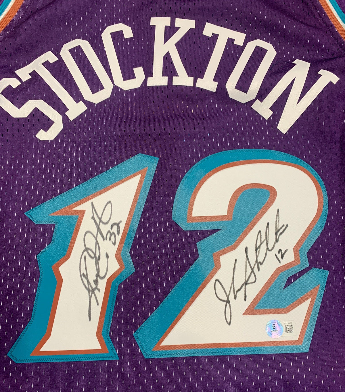 John Stockton and Karl Malone Autographed Utah Jazz Signed Mitchell and Ness Swingman Signed Basketball Jersey Beckett Beckett COA B-Powers Sports Memorabilia