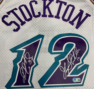 John Stockton and Karl Malone Autographed Utah Jazz Signed Mitchell and Ness Swingman Signed Basketball Jersey Beckett Beckett COA C-Powers Sports Memorabilia