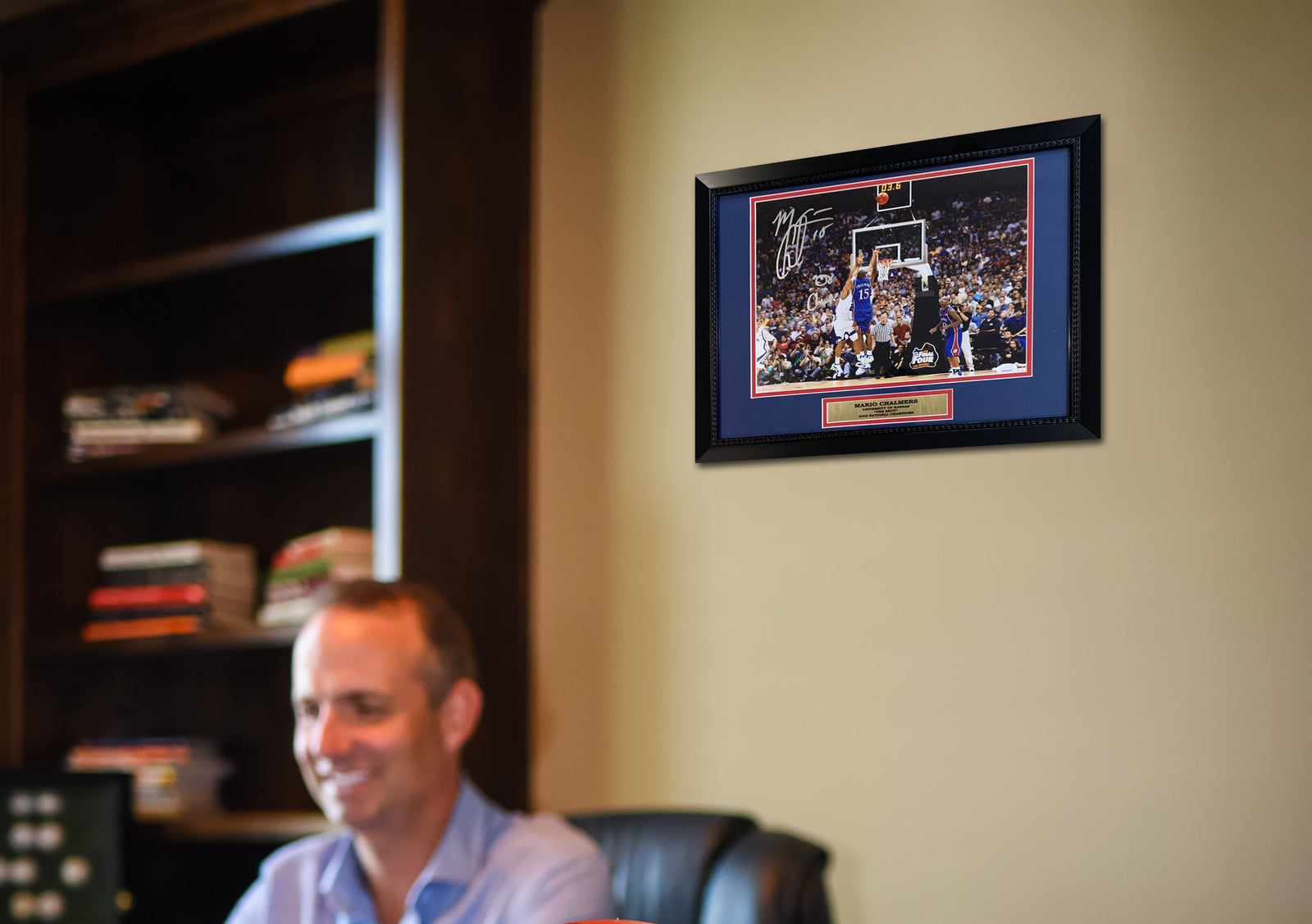 Mario Chalmers Autographed Kansas Jayhawks THE SHOT 2008 National Champions Signed Framed 11x14 Basketball Photo JSA COA-Powers Sports Memorabilia
