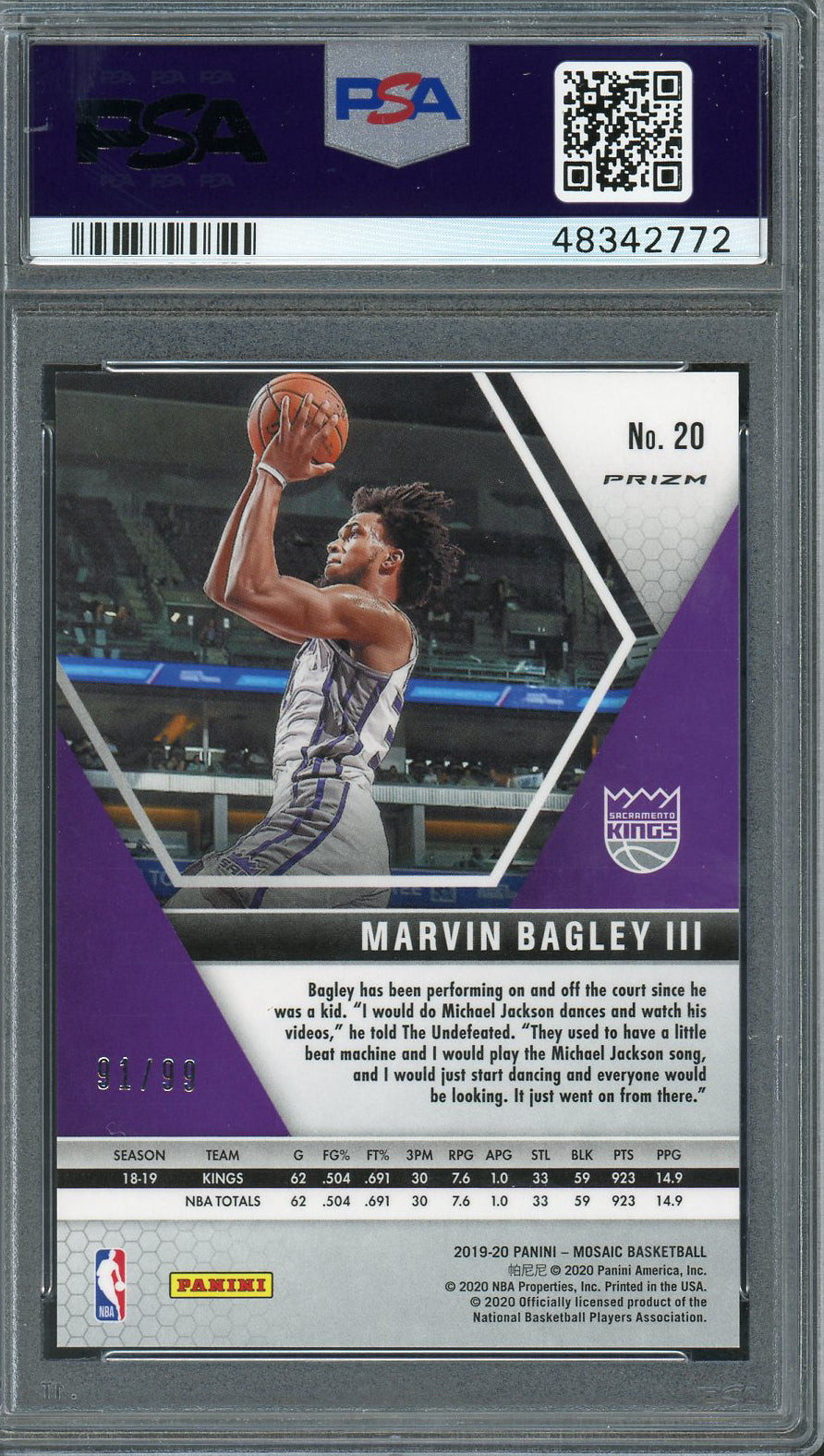 Marvin Bagley III 2019 Panini Blue Mosaic Prizm Basketball Card #20 Graded PSA 9 MINT 91/99-Powers Sports Memorabilia