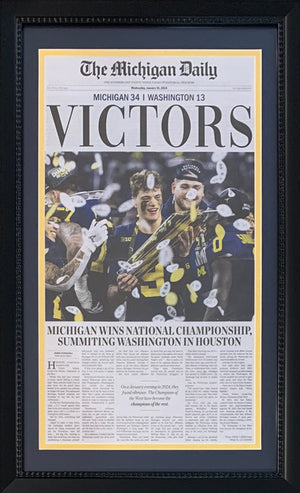 Michigan Wolverines 2024 National Champions VICTORS Daily School Framed 14x26 Football Newspaper ORIGINAL FRONT PAGE-Powers Sports Memorabilia