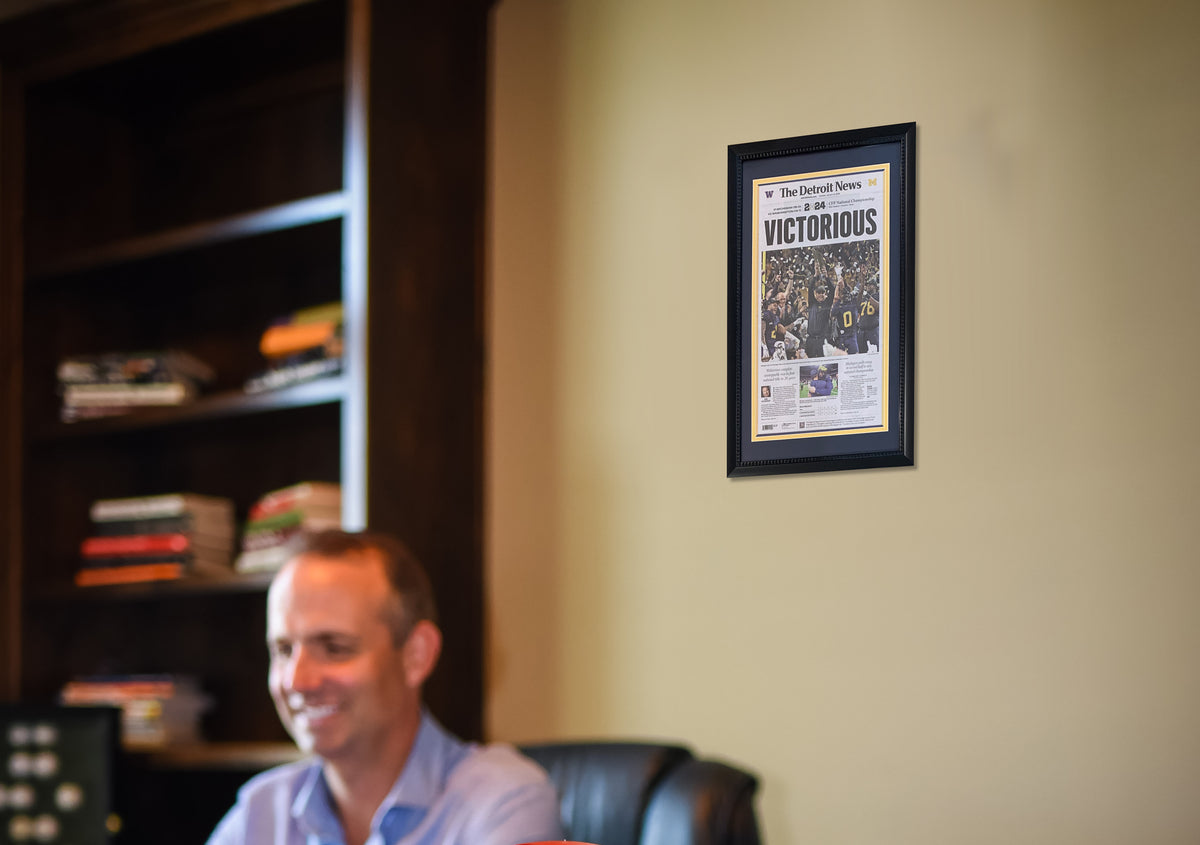 Michigan Wolverines 2024 National Champions VICTORIOUS Detroit News Framed 14x26 Football Newspaper ORIGINAL FRONT PAGE-Powers Sports Memorabilia
