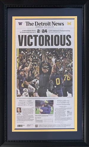 Michigan Wolverines 2024 National Champions VICTORIOUS Detroit News Framed 14x26 Football Newspaper ORIGINAL FRONT PAGE-Powers Sports Memorabilia
