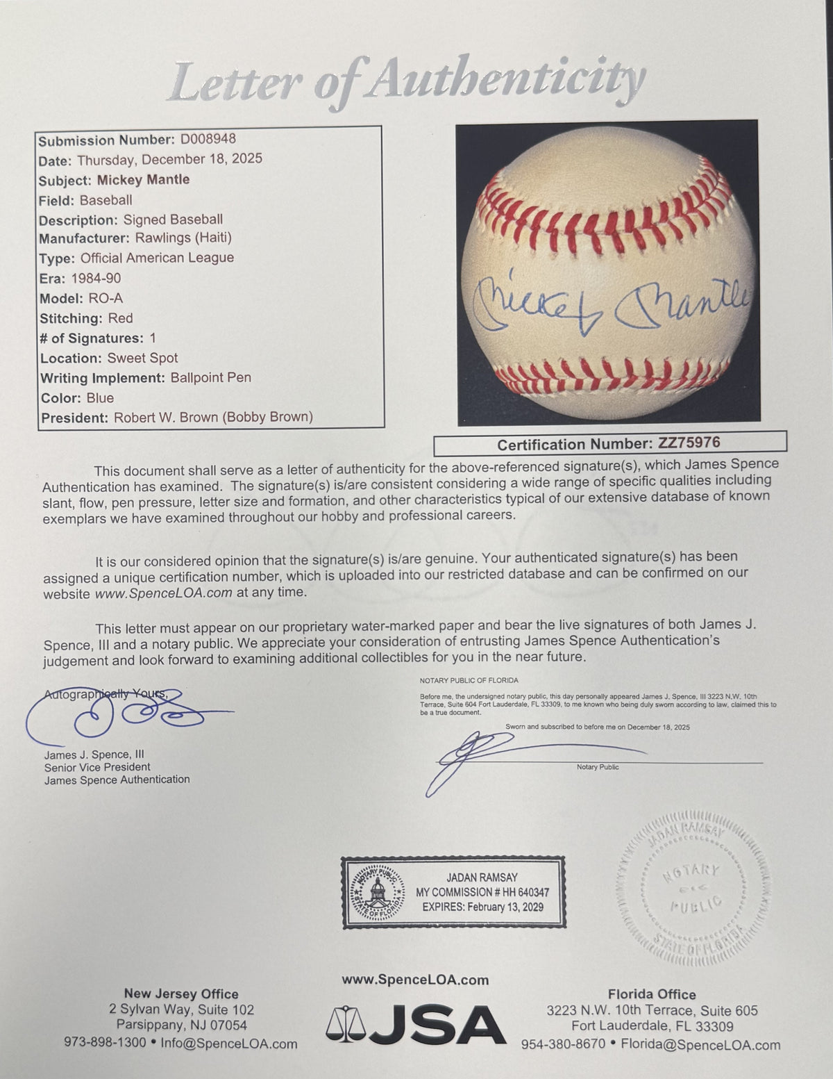 Mickey Mantle Autographed New York Yankees Signed American League Baseball JSA COA With UV Display Case
