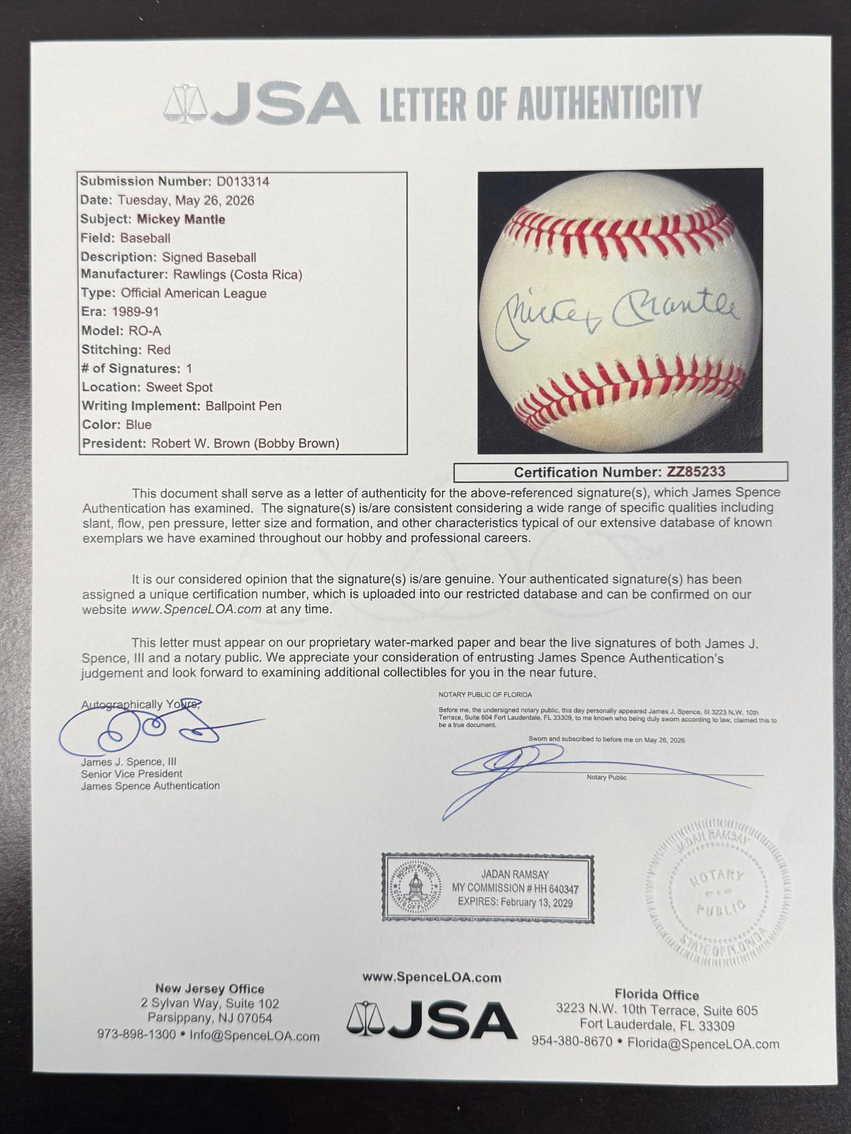 Mickey Mantle Autographed New York Yankees Signed American League Baseball JSA COA With UV Display Case ZZ85233