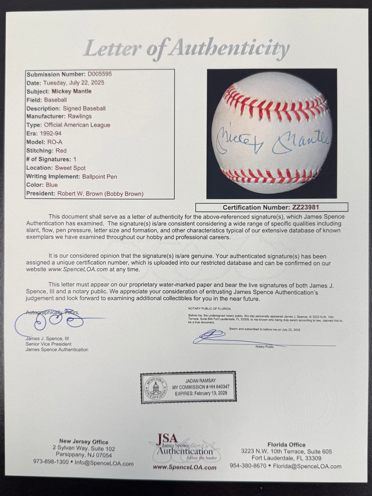 Mickey Mantle Autographed New York Yankees Signed American League Baseball JSA COA With UV Display Case ZZ23981