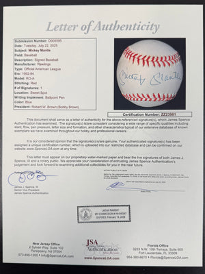 Mickey Mantle Autographed New York Yankees Signed American League Baseball JSA COA With UV Display Case ZZ23981