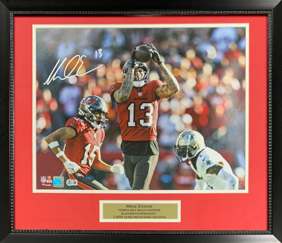 Mike Evans Autographed Tampa Bay Buccaneers Signed Eleventh-Straight 1000 Yard Receiving Season 16x20 Framed Photo Beckett COA-Powers Sports Memorabilia