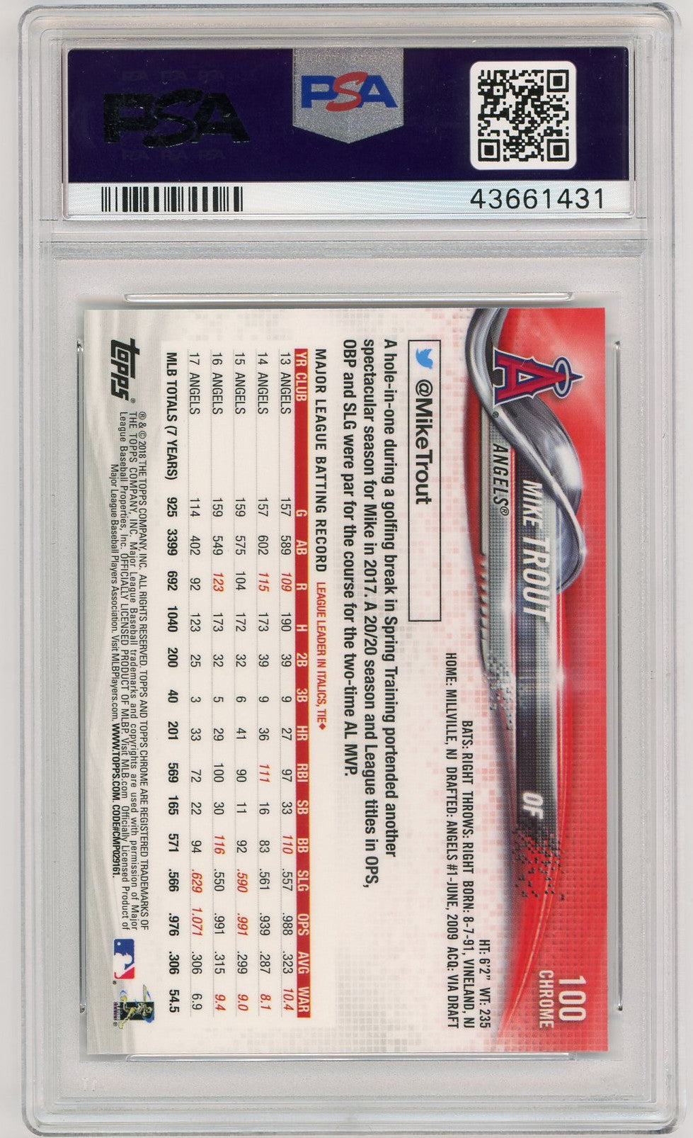 Mike Trout 2018 Topps Chrome Batting #100 Baseball Card Graded PSA 10 GEM MINT-Powers Sports Memorabilia
