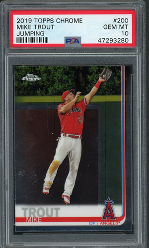 Mike Trout 2019 Topps Chrome Jumping Baseball Card #200 Graded PSA 10 GEM MINT-Powers Sports Memorabilia