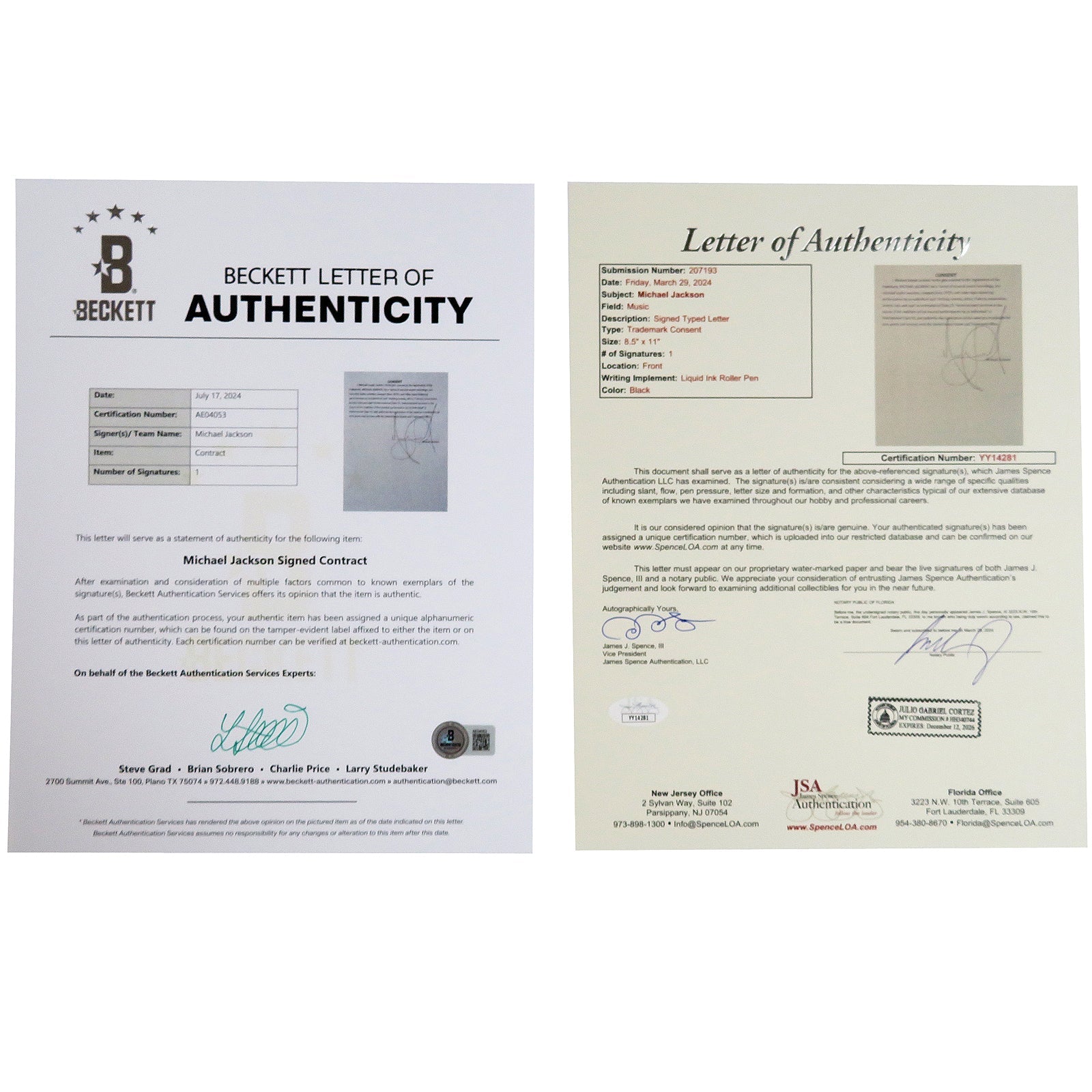Autographed Michael Jackson Contract Music Display 20 by 24 Framed Piece - JSA, BAS-Powers Sports Memorabilia