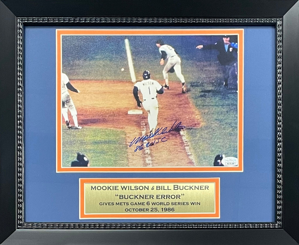 Mookie Wilson Autographed New York 1986 World Series Signed Bill Buckner Error Framed Baseball 8x10 Photo JSA COA WSC-Powers Sports Memorabilia