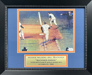 Mookie Wilson Autographed New York 1986 World Series Signed Bill Buckner Error Framed Baseball 8x10 Photo JSA COA WSC-Powers Sports Memorabilia