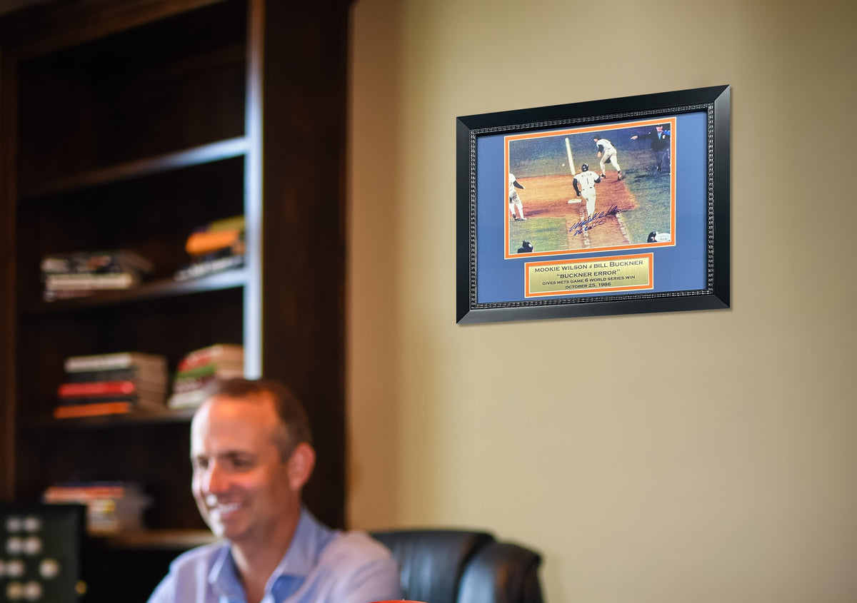 Mookie Wilson Autographed New York 1986 World Series Signed Bill Buckner Error Framed Baseball 8x10 Photo JSA COA WSC-Powers Sports Memorabilia